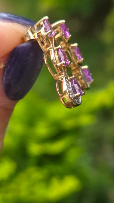 Vintage: 9ct Yellow Gold Purple Sapphire & White Topaz Drop Stud Earrings