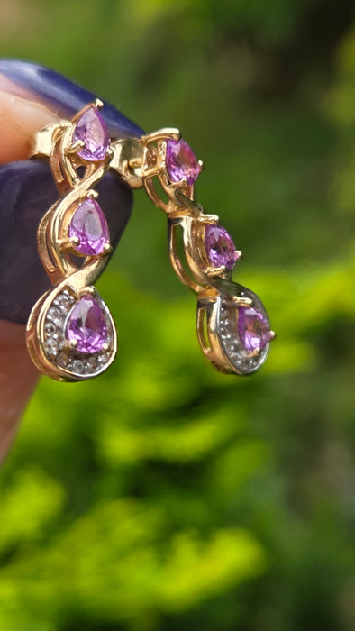 Vintage: 9ct Yellow Gold Purple Sapphire & White Topaz Drop Stud Earrings