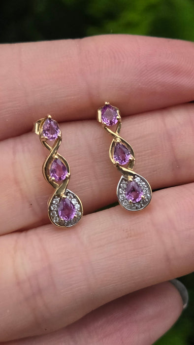 Vintage: 9ct Yellow Gold Purple Sapphire & White Topaz Drop Stud Earrings