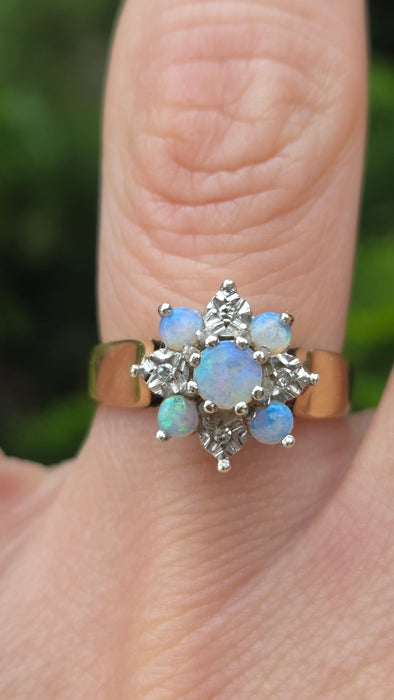 Vintage: 9ct Yellow Gold White Opal & Diamond Flower Cluster Ring — From 1981