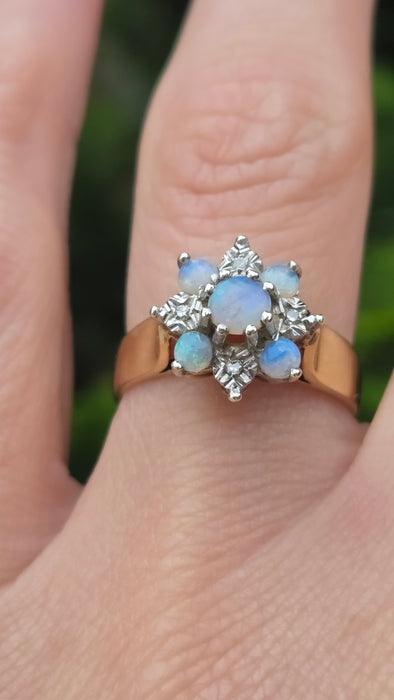 Vintage: 9ct Yellow Gold White Opal & Diamond Flower Cluster Ring — From 1981