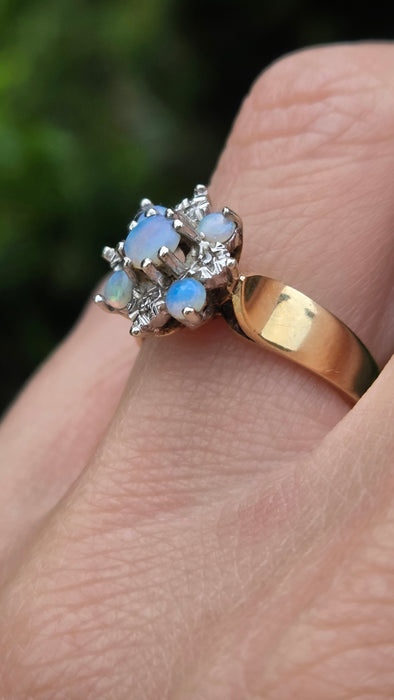 Vintage: 9ct Yellow Gold White Opal & Diamond Flower Cluster Ring — From 1981