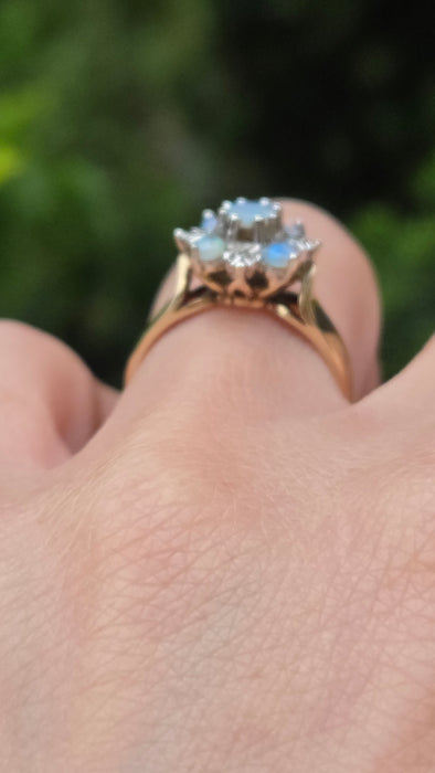 Vintage: 9ct Yellow Gold White Opal & Diamond Flower Cluster Ring — From 1981