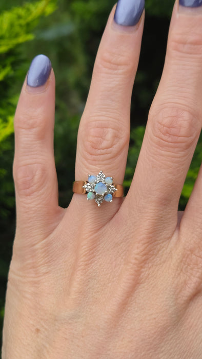 Vintage: 9ct Yellow Gold White Opal & Diamond Flower Cluster Ring — From 1981