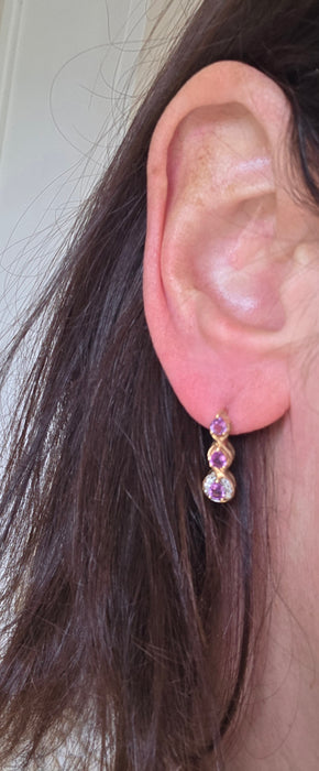 Vintage: 9ct Yellow Gold Purple Sapphire & White Topaz Drop Stud Earrings