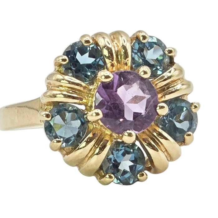 Vintage: 9ct Yellow Gold Amethyst & London Blue Topaz Flower-Head Ring