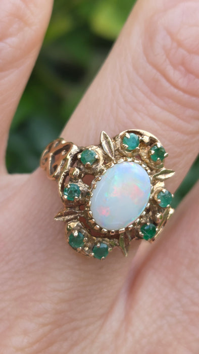 Vintage: 9ct Yellow Gold Opal & Emerald Cluster Dress Ring — From 1977