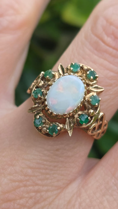 Vintage: 9ct Yellow Gold Opal & Emerald Cluster Dress Ring — From 1977