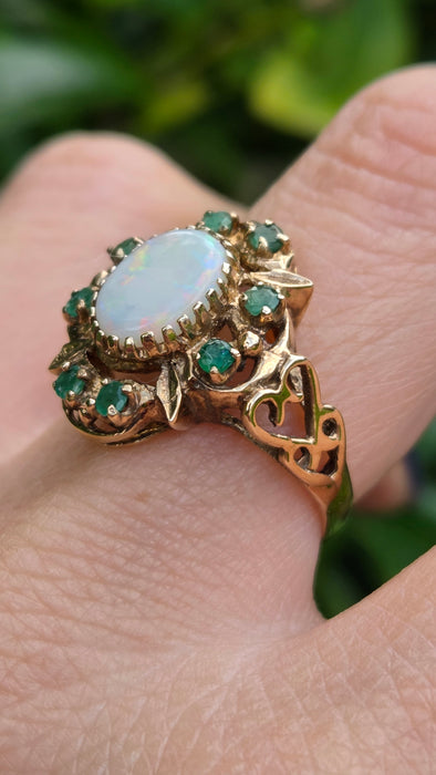 Vintage: 9ct Yellow Gold Opal & Emerald Cluster Dress Ring — From 1977