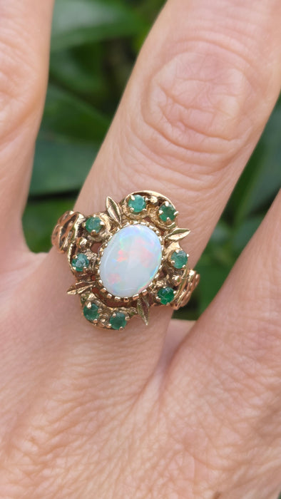 Vintage: 9ct Yellow Gold Opal & Emerald Cluster Dress Ring — From 1977
