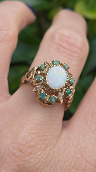 Vintage: 9ct Yellow Gold Opal & Emerald Cluster Dress Ring — From 1977
