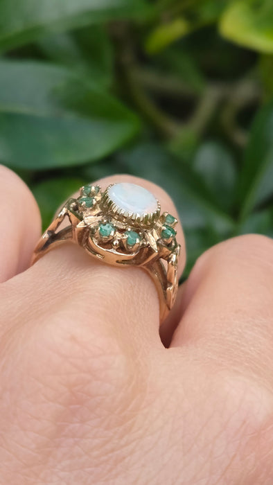 Vintage: 9ct Yellow Gold Opal & Emerald Cluster Dress Ring — From 1977
