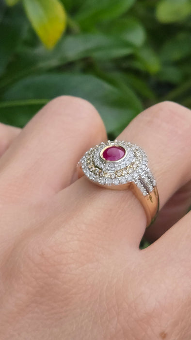 Vintage: 9ct Yellow Gold Ruby & 75-Diamond Art Deco Style Target Ring