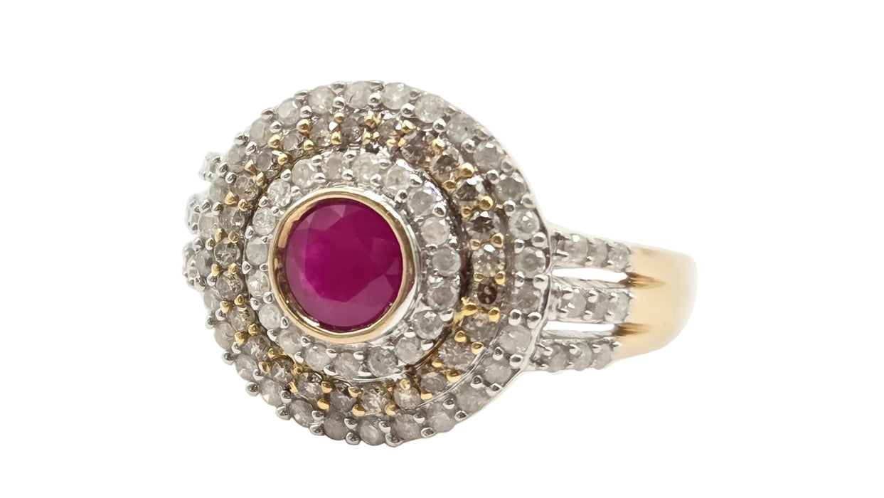 Vintage: 9ct Yellow Gold Ruby & 75-Diamond Art Deco Style Target Ring
