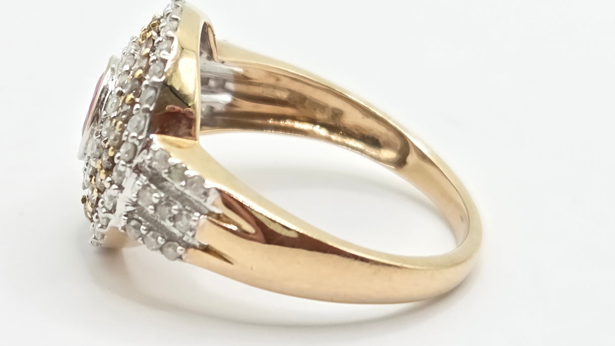 Vintage: 9ct Yellow Gold Ruby & 75-Diamond Art Deco Style Target Ring