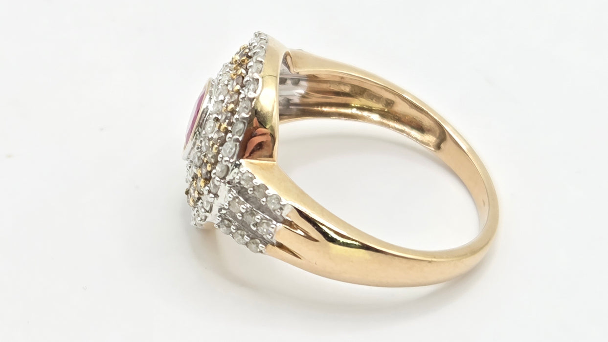 Vintage: 9ct Yellow Gold Ruby & 75-Diamond Art Deco Style Target Ring