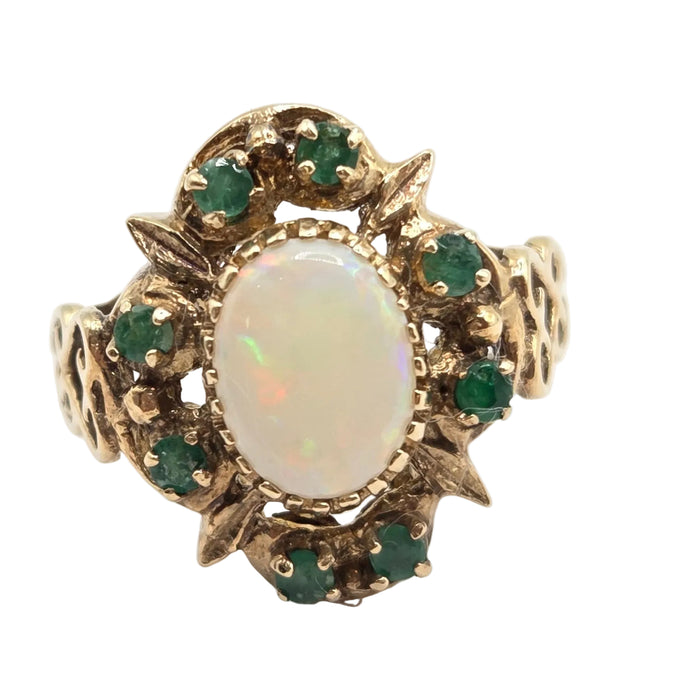 Vintage: 9ct Yellow Gold Opal & Emerald Cluster Dress Ring — From 1977