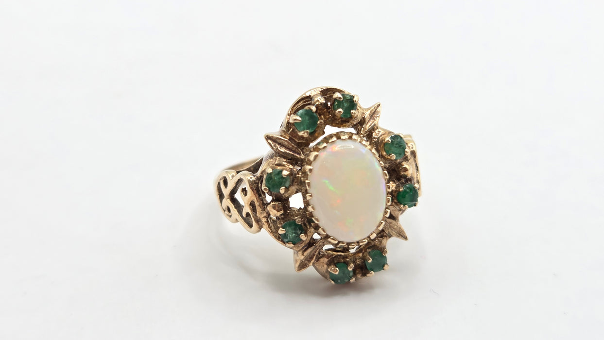 Vintage: 9ct Yellow Gold Opal & Emerald Cluster Dress Ring — From 1977