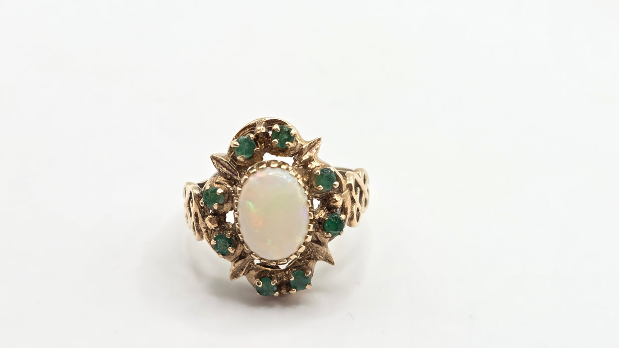 Vintage: 9ct Yellow Gold Opal & Emerald Cluster Dress Ring — From 1977