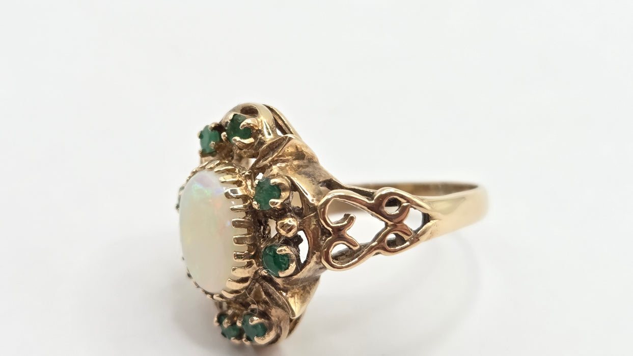 Vintage: 9ct Yellow Gold Opal & Emerald Cluster Dress Ring — From 1977