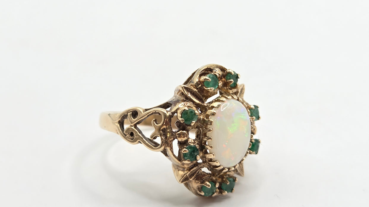 Vintage: 9ct Yellow Gold Opal & Emerald Cluster Dress Ring — From 1977