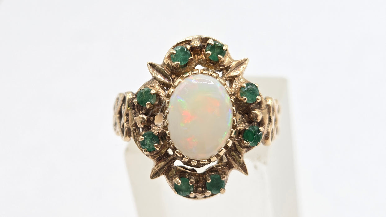 Vintage: 9ct Yellow Gold Opal & Emerald Cluster Dress Ring — From 1977