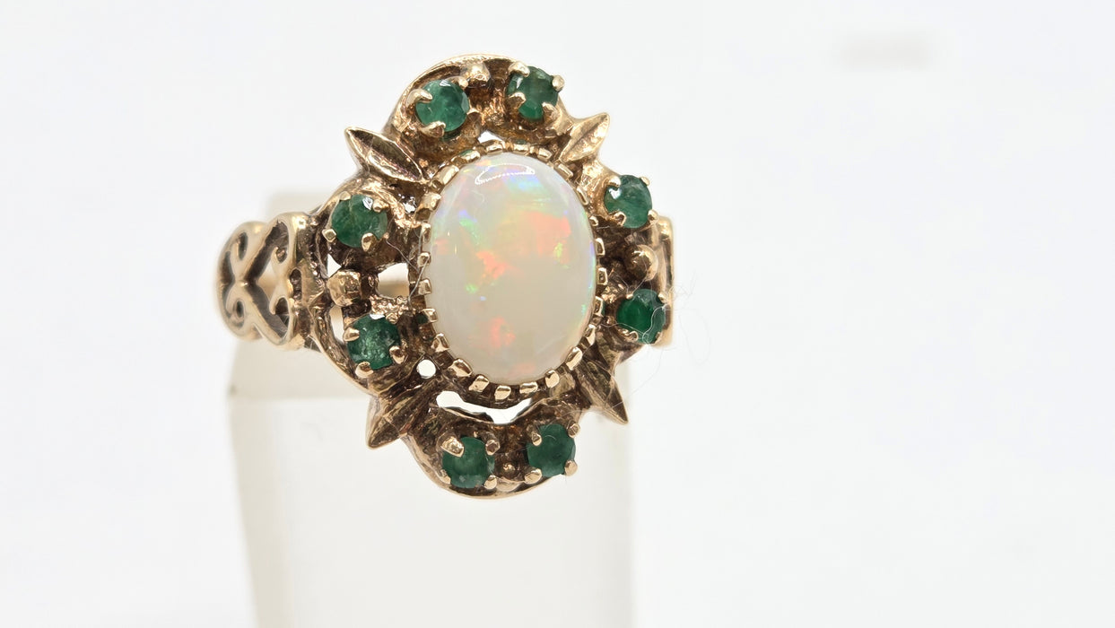 Vintage: 9ct Yellow Gold Opal & Emerald Cluster Dress Ring — From 1977