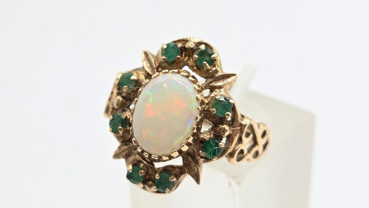 Vintage: 9ct Yellow Gold Opal & Emerald Cluster Dress Ring — From 1977