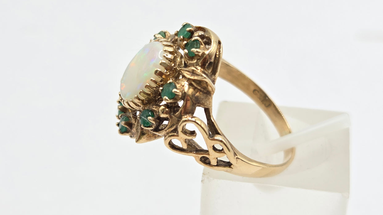 Vintage: 9ct Yellow Gold Opal & Emerald Cluster Dress Ring — From 1977