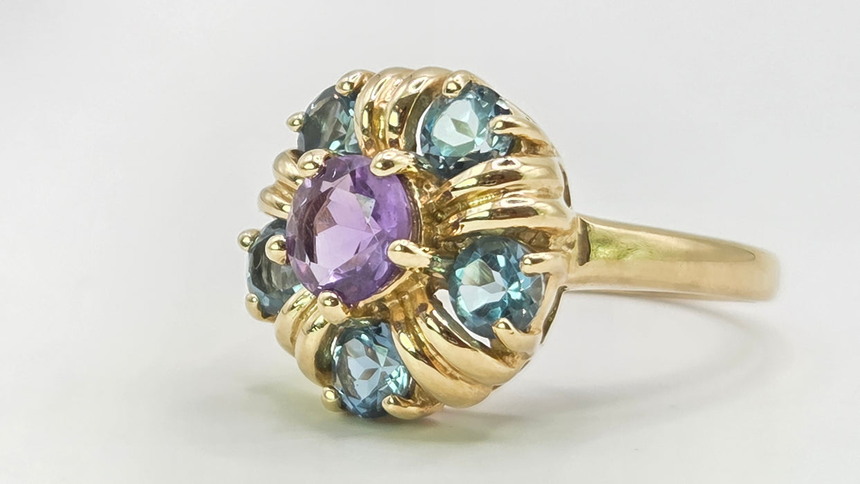 Vintage: 9ct Yellow Gold Amethyst & London Blue Topaz Flower-Head Ring