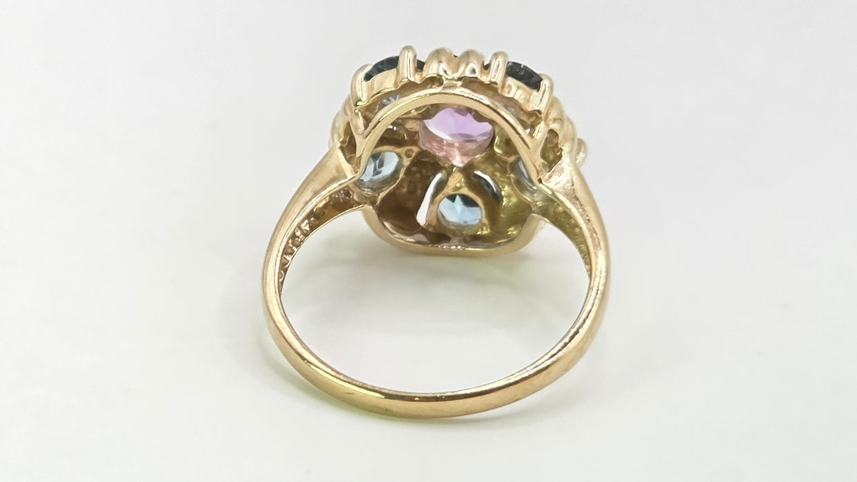 Vintage: 9ct Yellow Gold Amethyst & London Blue Topaz Flower-Head Ring
