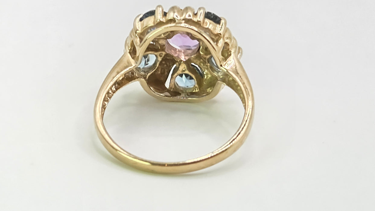 Vintage: 9ct Yellow Gold Amethyst & London Blue Topaz Flower-Head Ring
