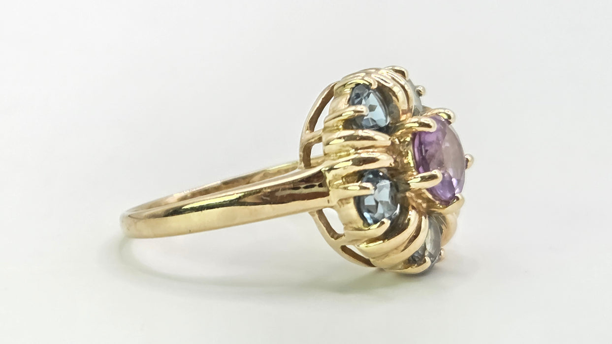 Vintage: 9ct Yellow Gold Amethyst & London Blue Topaz Flower-Head Ring