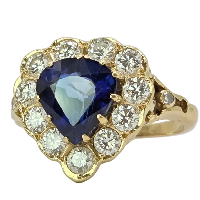 Vintage: 18ct Yellow Gold Sapphire 2.00ct & 11-Diamond 0.55ct Heart-Shaped Halo Ring
