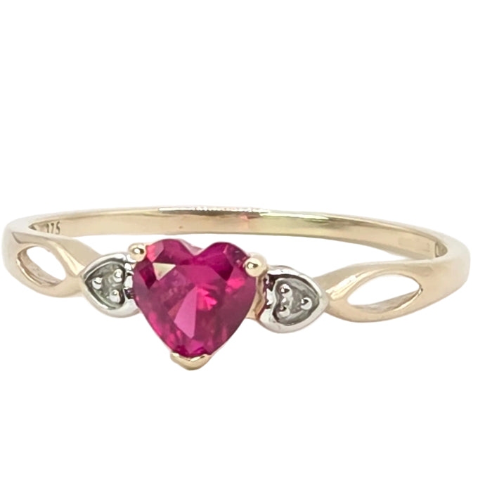 Vintage: 9ct Yellow Gold Ruby & Diamond Heart-Shaped Stacker Ring
