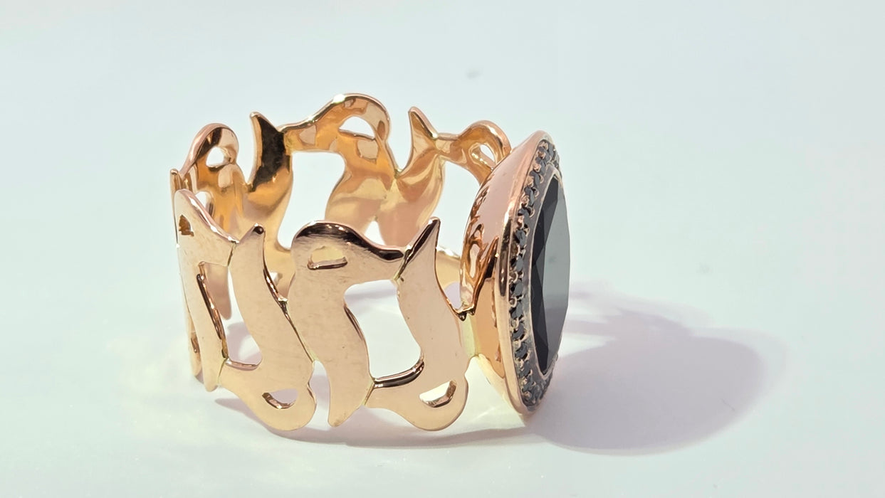 Vintage: 18ct Yellow Gold Modern Abstract Black Onyx & Black Diamond Cocktail Ring