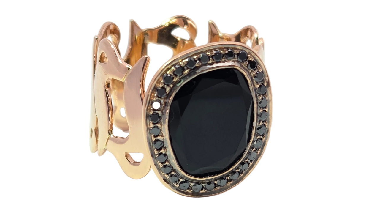 Vintage: 18ct Yellow Gold Modern Abstract Black Onyx & Black Diamond Cocktail Ring