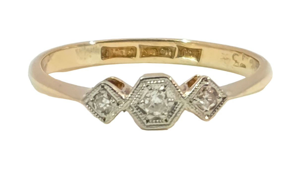 Vintage: 18ct Yellow Gold & Platinum Art Deco Diamond Trilogy Ring