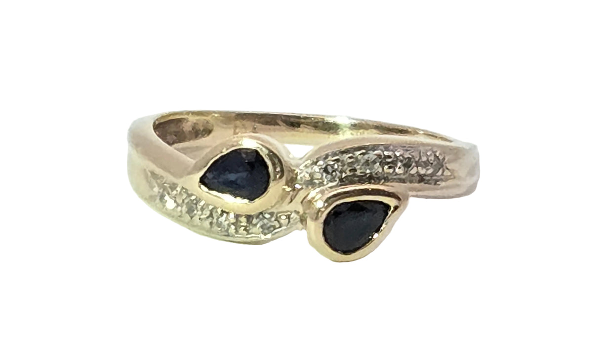 Vintage: 9ct Yellow Gold Sapphire & Diamond Bypass Ring