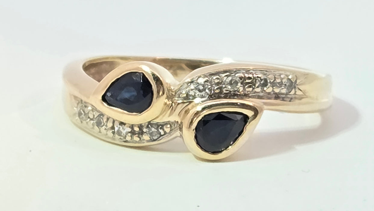 Vintage: 9ct Yellow Gold Sapphire & Diamond Bypass Ring