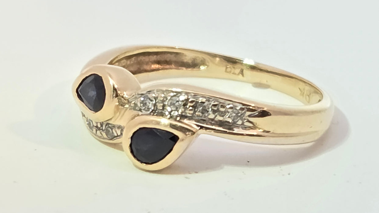 Vintage: 9ct Yellow Gold Sapphire & Diamond Bypass Ring