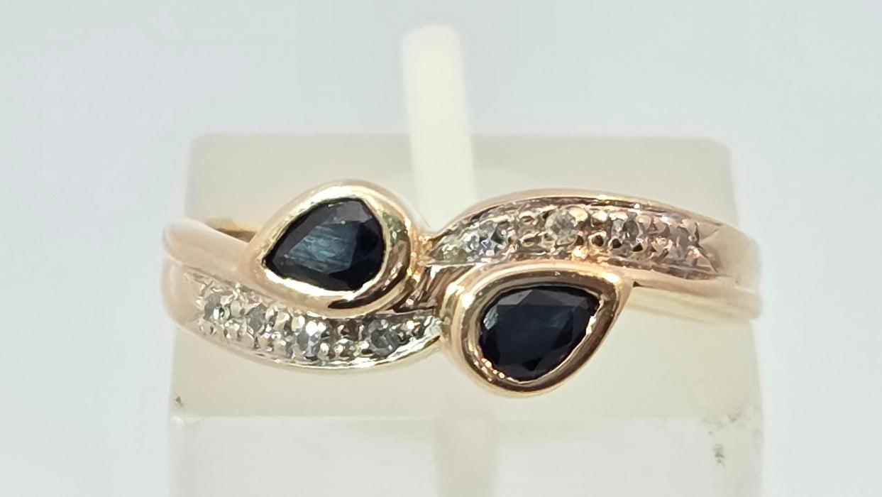 Vintage: 9ct Yellow Gold Sapphire & Diamond Bypass Ring