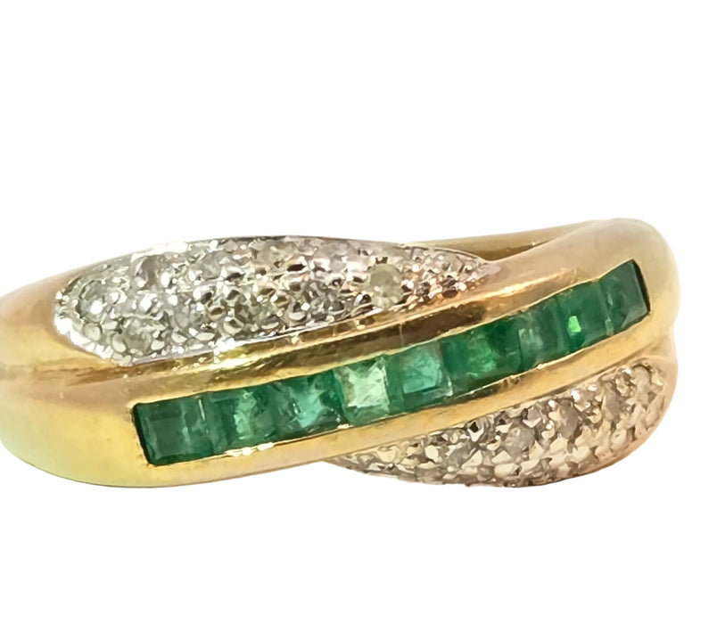 Vintage: 9ct Yellow Gold Emerald & Diamond Crossover Dress Ring