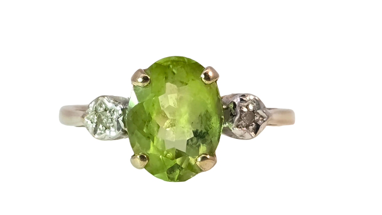 Vintage: 9ct Yellow Gold Peridot & Twin Diamond Three-Stone Ring — From 1998