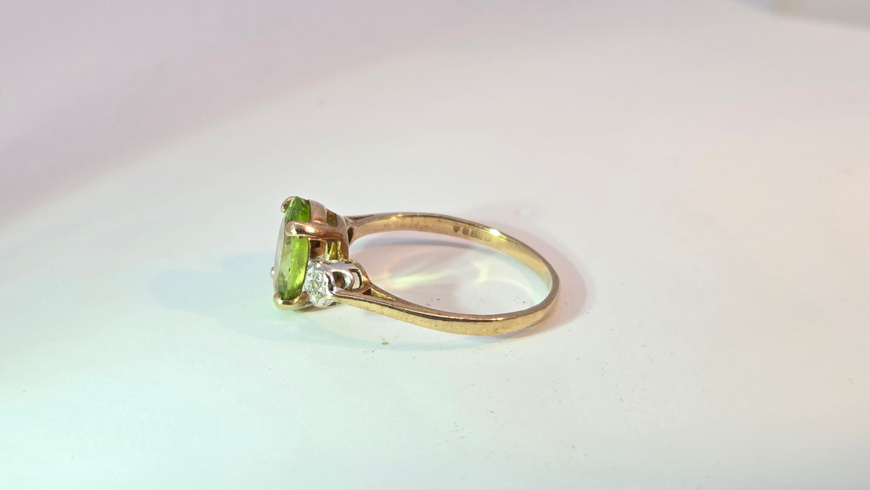 Vintage: 9ct Yellow Gold Peridot & Twin Diamond Three-Stone Ring — From 1998