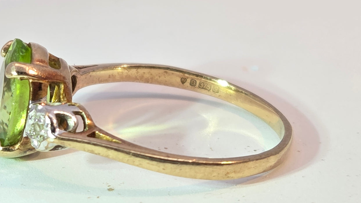 Vintage: 9ct Yellow Gold Peridot & Twin Diamond Three-Stone Ring — From 1998