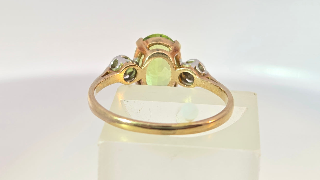 Vintage: 9ct Yellow Gold Peridot & Twin Diamond Three-Stone Ring — From 1998