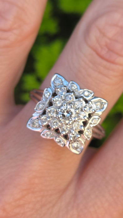 Vintage: 18ct White Gold Diamond 0.64ct Square Cluster Dress Ring — From 1976