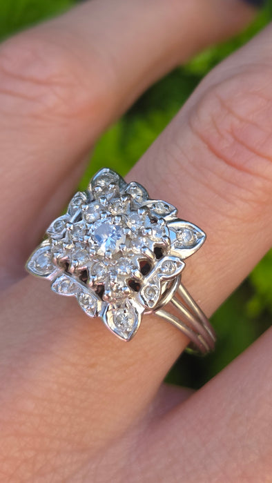 Vintage: 18ct White Gold Diamond 0.64ct Square Cluster Dress Ring — From 1976