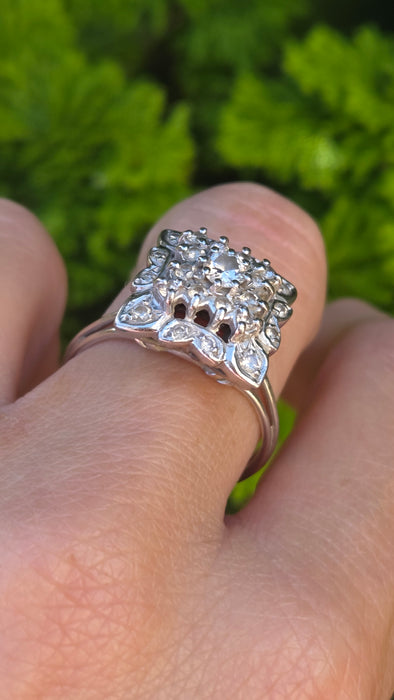 Vintage: 18ct White Gold Diamond 0.64ct Square Cluster Dress Ring — From 1976